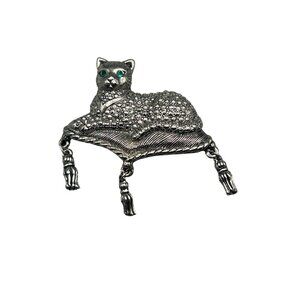 Cat On Pillow Pin Brooch Silver Color with Green Eyes Dangling Tassels Avon Pin